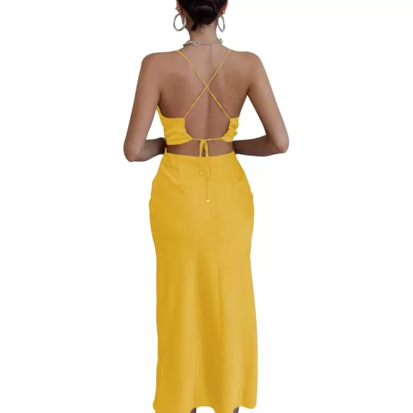 LYANER Women's Satin Cowl Neck Straps Slip Sexy Cut Out Cocktail Midi Dress