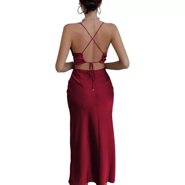 LYANER Women's Satin Cowl Neck Straps Slip Sexy Cut Out Cocktail Midi Dress