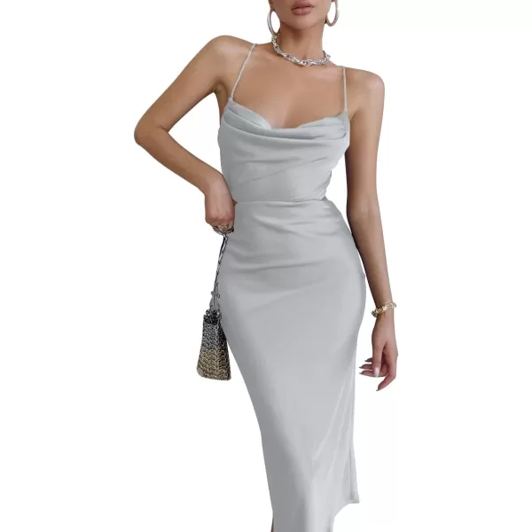 LYANER Women's Satin Cowl Neck Straps Slip Sexy Cut Out Cocktail Midi Dress