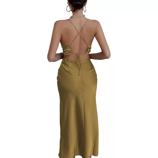 LYANER Women's Satin Cowl Neck Straps Slip Sexy Cut Out Cocktail Midi Dress
