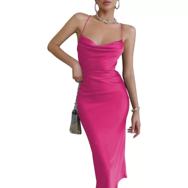LYANER Women's Satin Cowl Neck Straps Slip Sexy Cut Out Cocktail Midi Dress