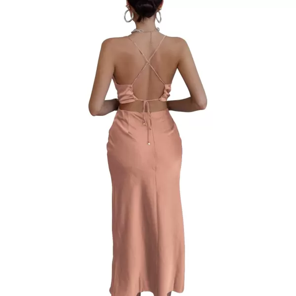 LYANER Women's Satin Cowl Neck Straps Slip Sexy Cut Out Cocktail Midi Dress