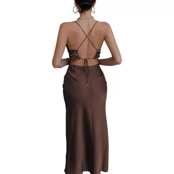 LYANER Women's Satin Cowl Neck Straps Slip Sexy Cut Out Cocktail Midi Dress