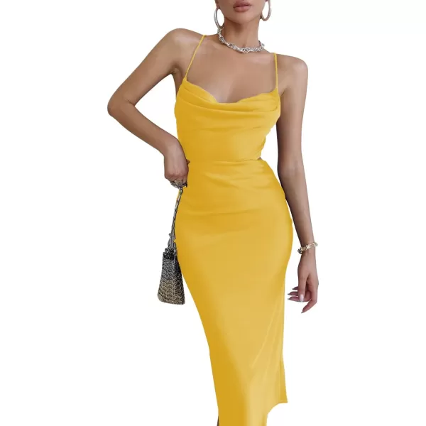 LYANER Women's Satin Cowl Neck Straps Slip Sexy Cut Out Cocktail Midi Dress