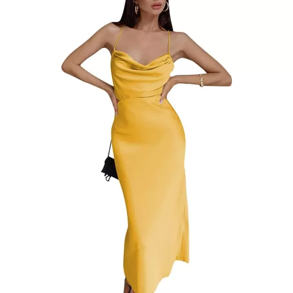 LYANER Women's Satin Cowl Neck Straps Slip Sexy Cut Out Cocktail Midi Dress