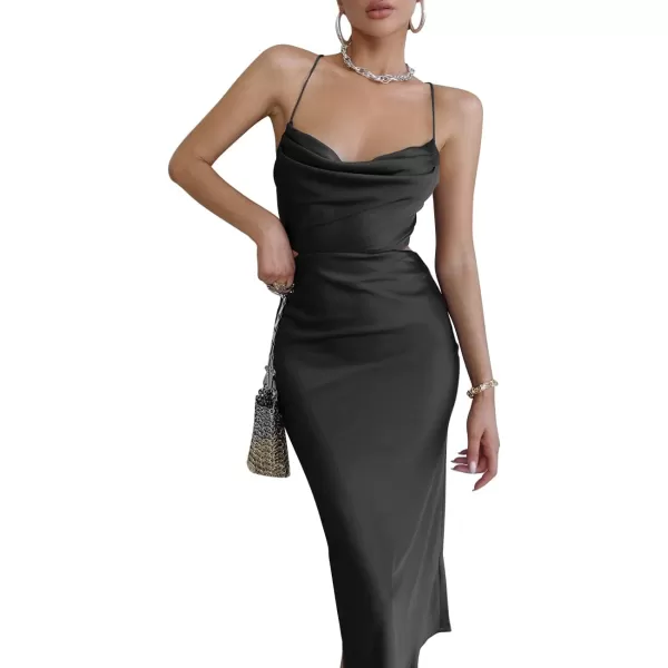 LYANER Women's Satin Cowl Neck Straps Slip Sexy Cut Out Cocktail Midi Dress