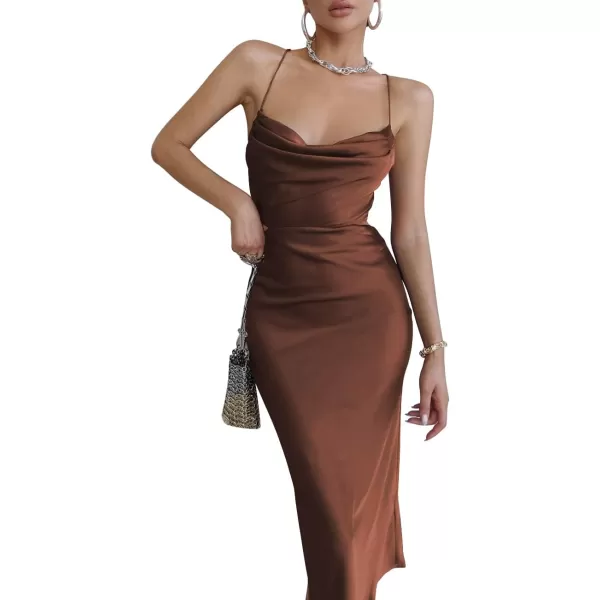 LYANER Women's Satin Cowl Neck Straps Slip Sexy Cut Out Cocktail Midi Dress