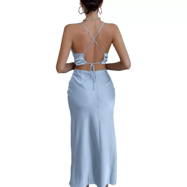 LYANER Women's Satin Cowl Neck Straps Slip Sexy Cut Out Cocktail Midi Dress