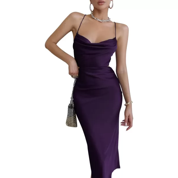 LYANER Women's Satin Cowl Neck Straps Slip Sexy Cut Out Cocktail Midi Dress