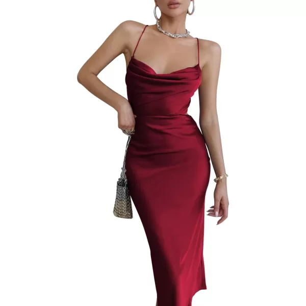 LYANER Women's Satin Cowl Neck Straps Slip Sexy Cut Out Cocktail Midi Dress
