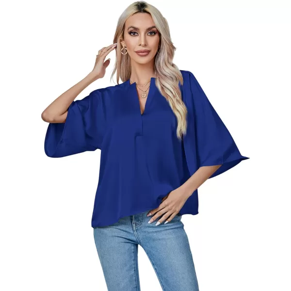 LYANER Women's Satin Elegant Casual V Neck 3/4 Sleeve Solid Blouse Top Shirt