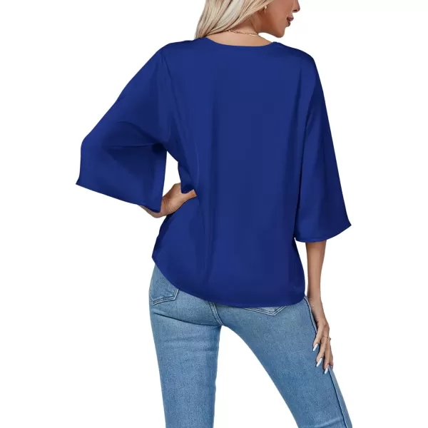 LYANER Women's Satin Elegant Casual V Neck 3/4 Sleeve Solid Blouse Top Shirt