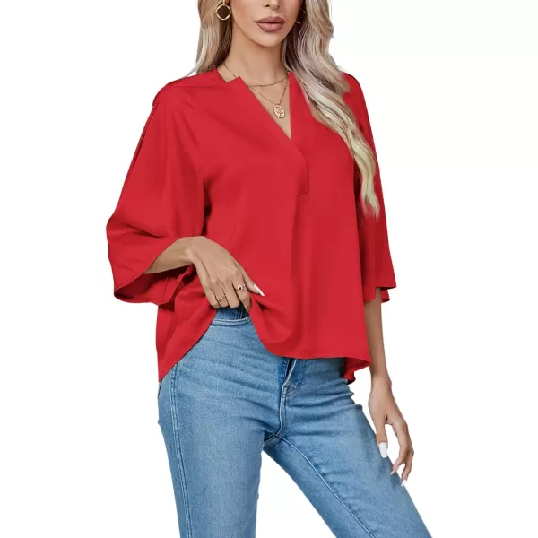 LYANER Women's Satin Elegant Casual V Neck 3/4 Sleeve Solid Blouse Top Shirt