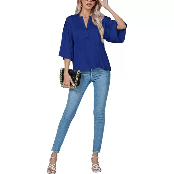 LYANER Women's Satin Elegant Casual V Neck 3/4 Sleeve Solid Blouse Top Shirt