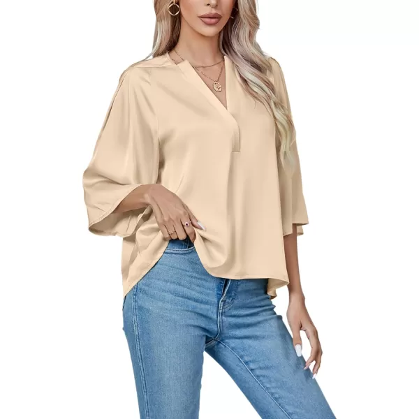 LYANER Women's Satin Elegant Casual V Neck 3/4 Sleeve Solid Blouse Top Shirt