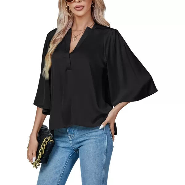 LYANER Women's Satin Elegant Casual V Neck 3/4 Sleeve Solid Blouse Top Shirt