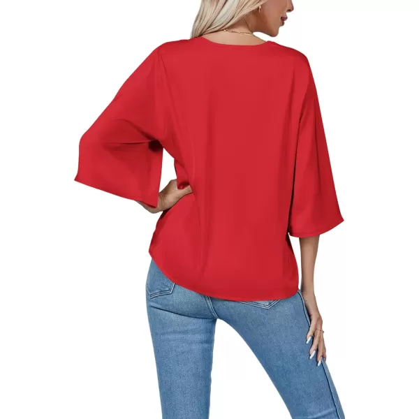 LYANER Women's Satin Elegant Casual V Neck 3/4 Sleeve Solid Blouse Top Shirt