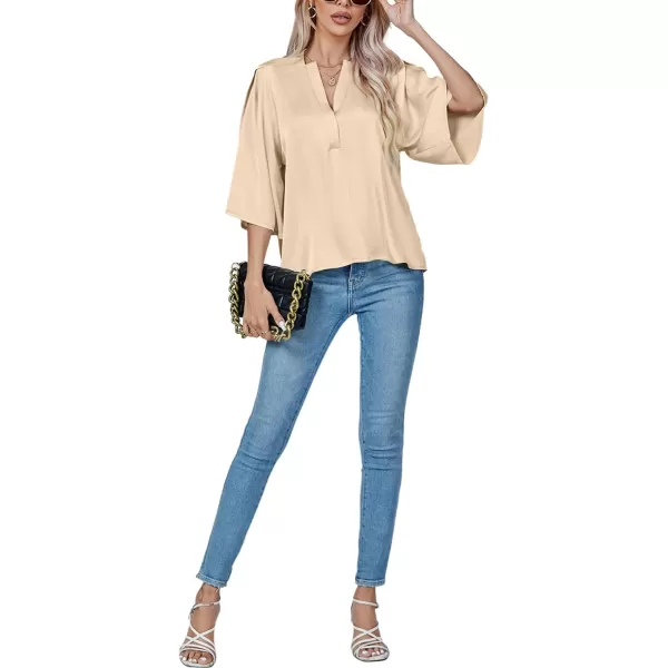 LYANER Women's Satin Elegant Casual V Neck 3/4 Sleeve Solid Blouse Top Shirt