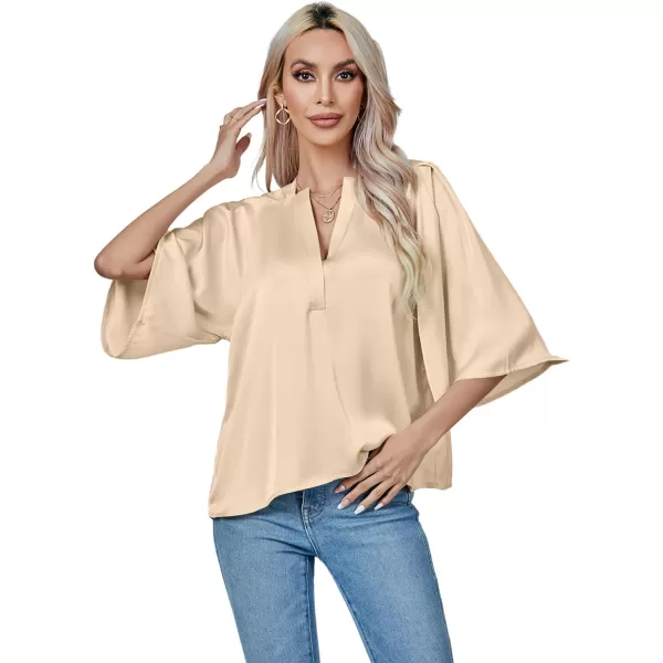 LYANER Women's Satin Elegant Casual V Neck 3/4 Sleeve Solid Blouse Top Shirt