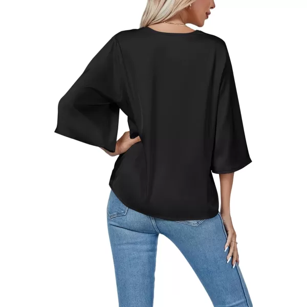 LYANER Women's Satin Elegant Casual V Neck 3/4 Sleeve Solid Blouse Top Shirt