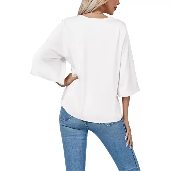 LYANER Women's Satin Elegant Casual V Neck 3/4 Sleeve Solid Blouse Top Shirt