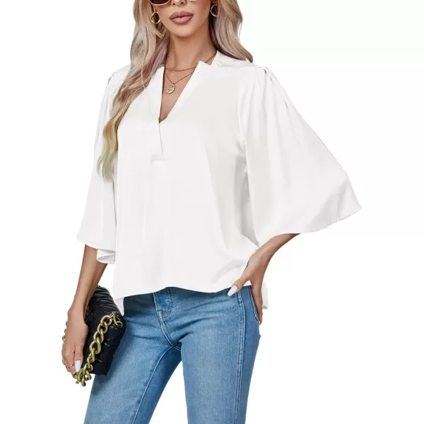 LYANER Women's Satin Elegant Casual V Neck 3/4 Sleeve Solid Blouse Top Shirt