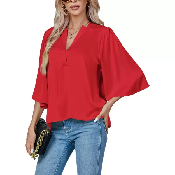 LYANER Women's Satin Elegant Casual V Neck 3/4 Sleeve Solid Blouse Top Shirt