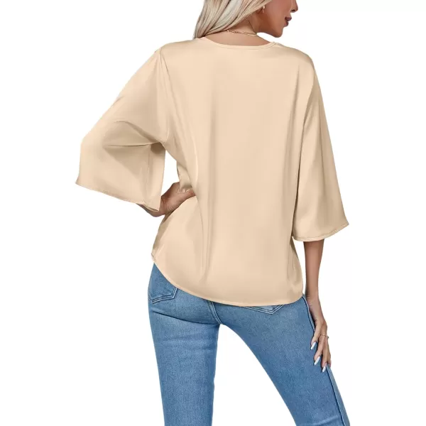 LYANER Women's Satin Elegant Casual V Neck 3/4 Sleeve Solid Blouse Top Shirt