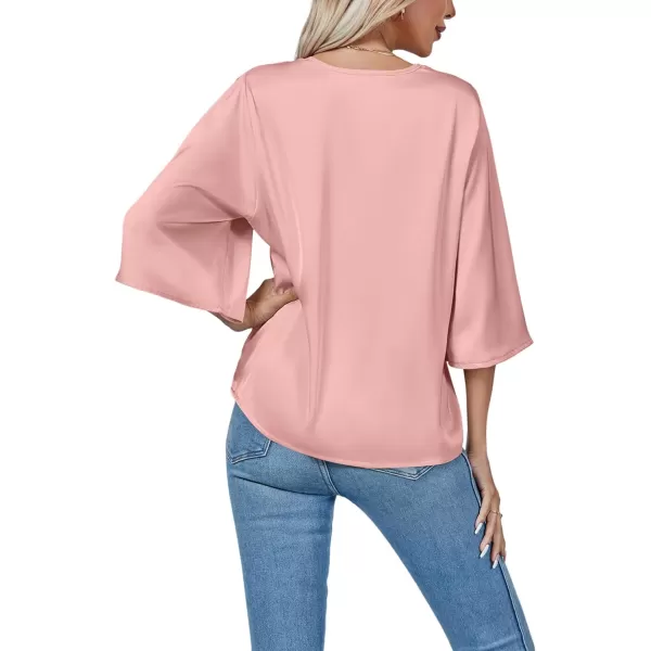 LYANER Women's Satin Elegant Casual V Neck 3/4 Sleeve Solid Blouse Top Shirt