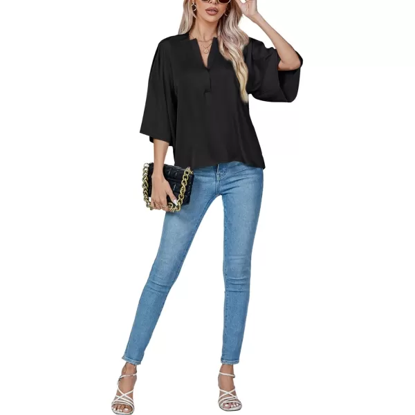 LYANER Women's Satin Elegant Casual V Neck 3/4 Sleeve Solid Blouse Top Shirt