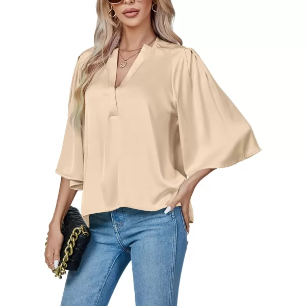 LYANER Women's Satin Elegant Casual V Neck 3/4 Sleeve Solid Blouse Top Shirt