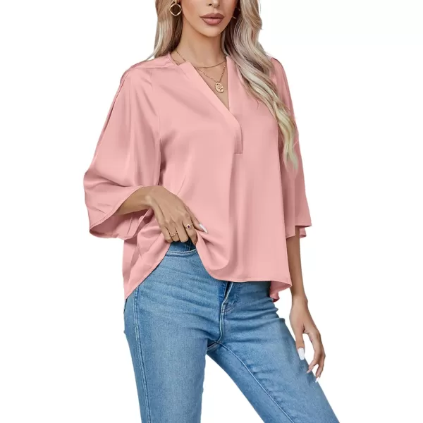 LYANER Women's Satin Elegant Casual V Neck 3/4 Sleeve Solid Blouse Top Shirt