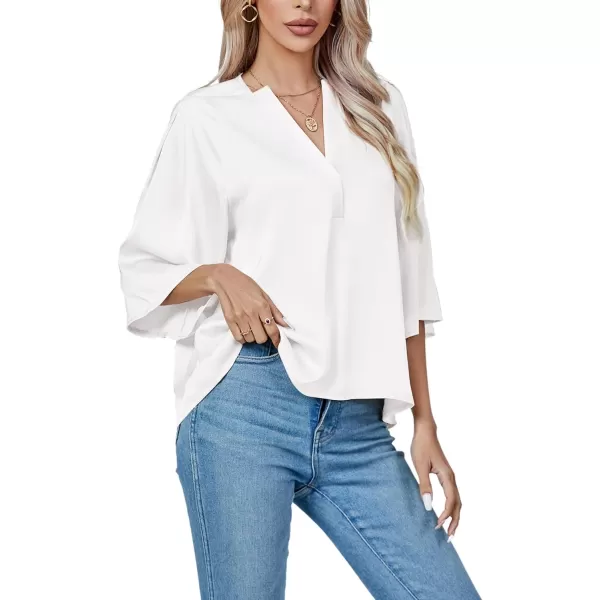 LYANER Women's Satin Elegant Casual V Neck 3/4 Sleeve Solid Blouse Top Shirt