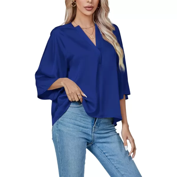 LYANER Women's Satin Elegant Casual V Neck 3/4 Sleeve Solid Blouse Top Shirt