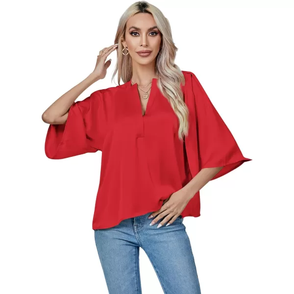 LYANER Women's Satin Elegant Casual V Neck 3/4 Sleeve Solid Blouse Top Shirt
