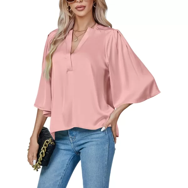 LYANER Women's Satin Elegant Casual V Neck 3/4 Sleeve Solid Blouse Top Shirt