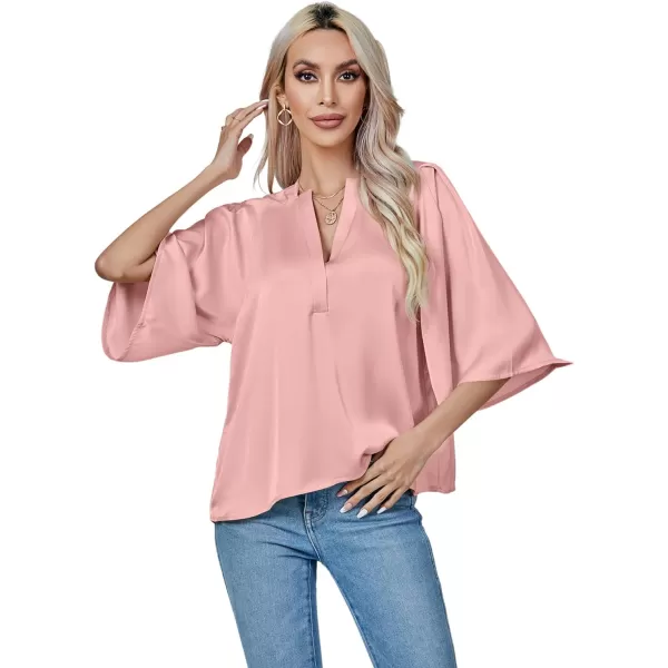 LYANER Women's Satin Elegant Casual V Neck 3/4 Sleeve Solid Blouse Top Shirt