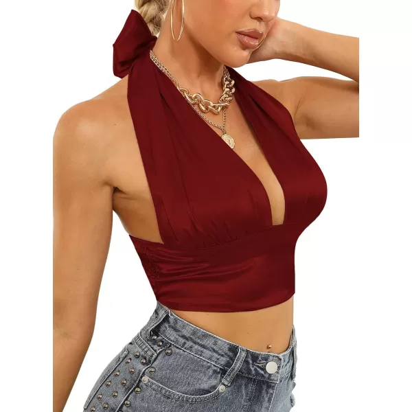LYANER Women's Satin Halter Tie Backless Wrap Cut Out Cami Shirred Crop Top