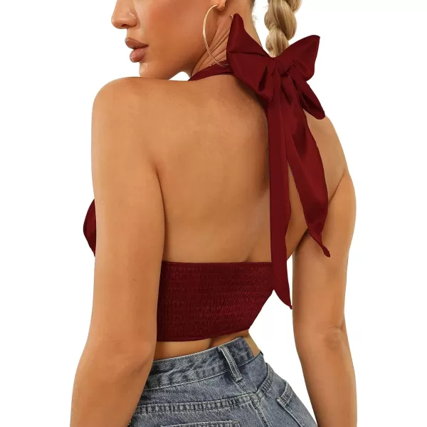 LYANER Women's Satin Halter Tie Backless Wrap Cut Out Cami Shirred Crop Top
