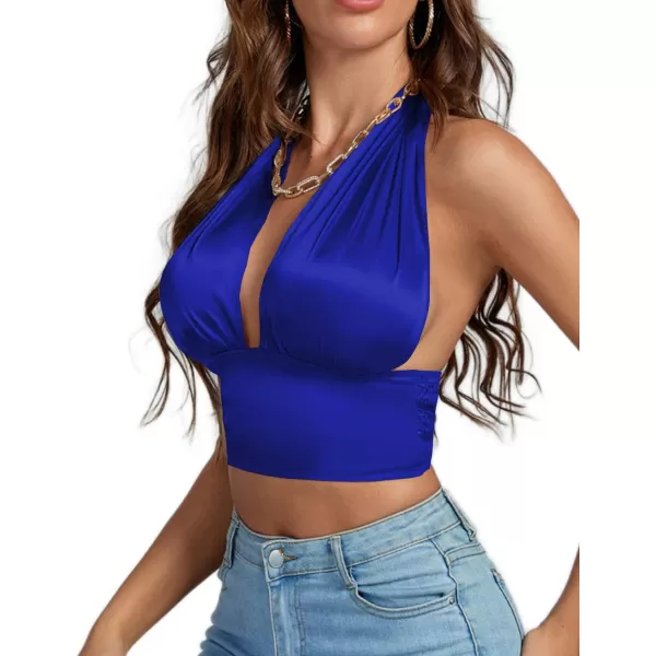 LYANER Women's Satin Halter Tie Backless Wrap Cut Out Cami Shirred Crop Top