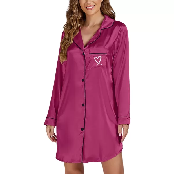 LYANER Women's Satin Long Sleeve Sleepshirt Button Down Nightgowns Heart Print Nightdress PJs