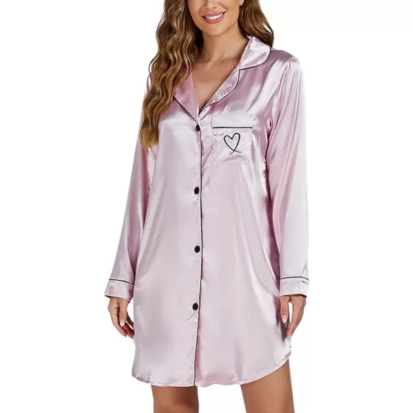 LYANER Women's Satin Long Sleeve Sleepshirt Button Down Nightgowns Heart Print Nightdress PJs
