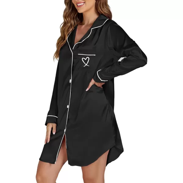 LYANER Women's Satin Long Sleeve Sleepshirt Button Down Nightgowns Heart Print Nightdress PJs
