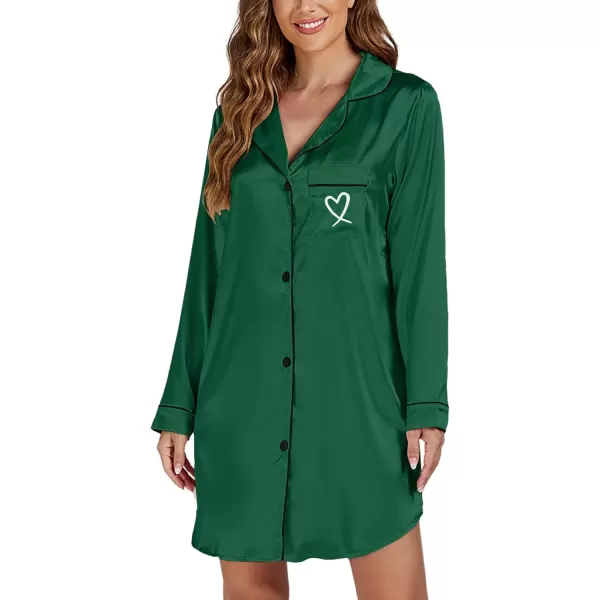 LYANER Women's Satin Long Sleeve Sleepshirt Button Down Nightgowns Heart Print Nightdress PJs