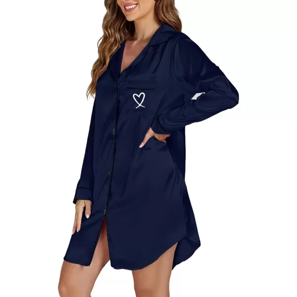 LYANER Women's Satin Long Sleeve Sleepshirt Button Down Nightgowns Heart Print Nightdress PJs
