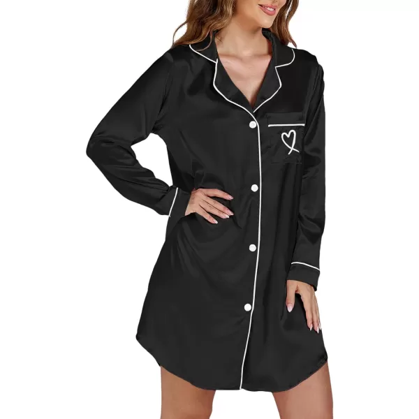LYANER Women's Satin Long Sleeve Sleepshirt Button Down Nightgowns Heart Print Nightdress PJs