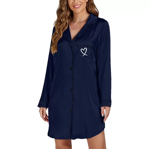LYANER Women's Satin Long Sleeve Sleepshirt Button Down Nightgowns Heart Print Nightdress PJs