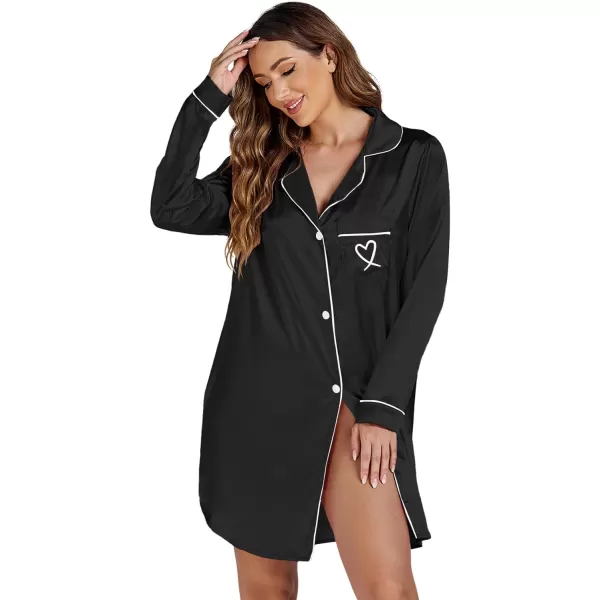 LYANER Women's Satin Long Sleeve Sleepshirt Button Down Nightgowns Heart Print Nightdress PJs