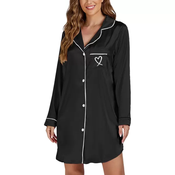 LYANER Women's Satin Long Sleeve Sleepshirt Button Down Nightgowns Heart Print Nightdress PJs