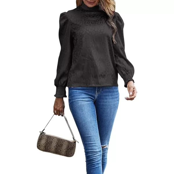 LYANER Women's Satin Mock Neck Puff Long Sleeve Keyhole Work Blouse Top